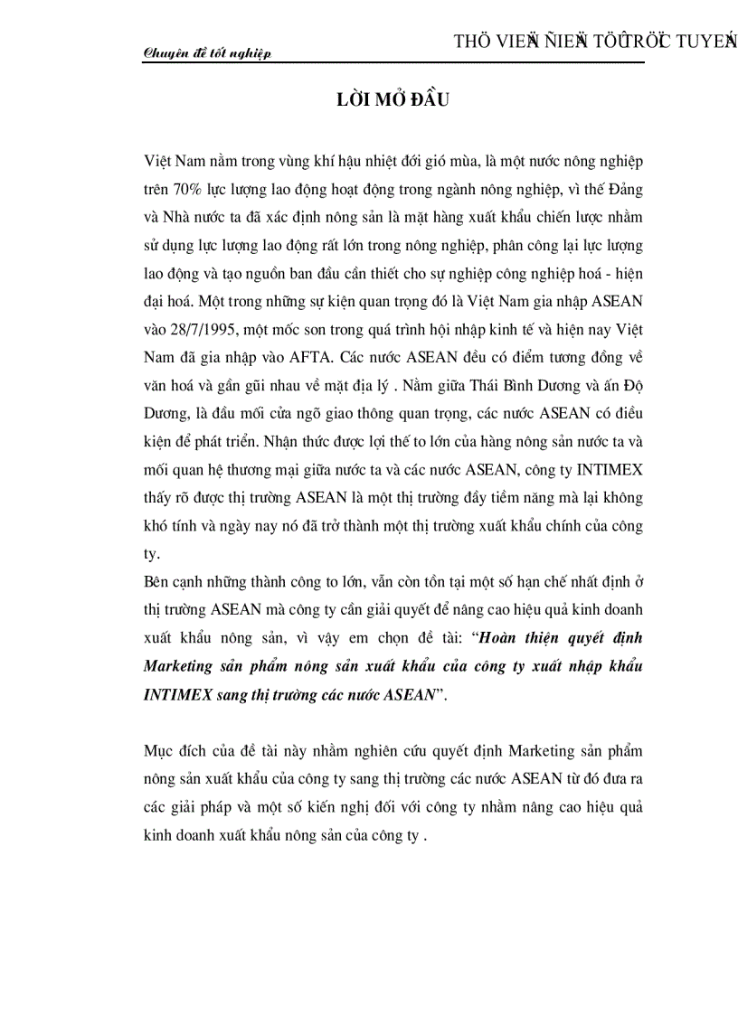 Hoàn thiện quyết định Marketing sản phẩm nông sản xuất khẩu của công ty xuất nhập khẩu INTIMEX sang thị trường các nước ASEAN