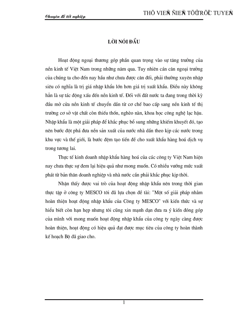 Một số giải pháp nhằm hoàn thiện hoạt động nhập khẩu của Công ty MESCO