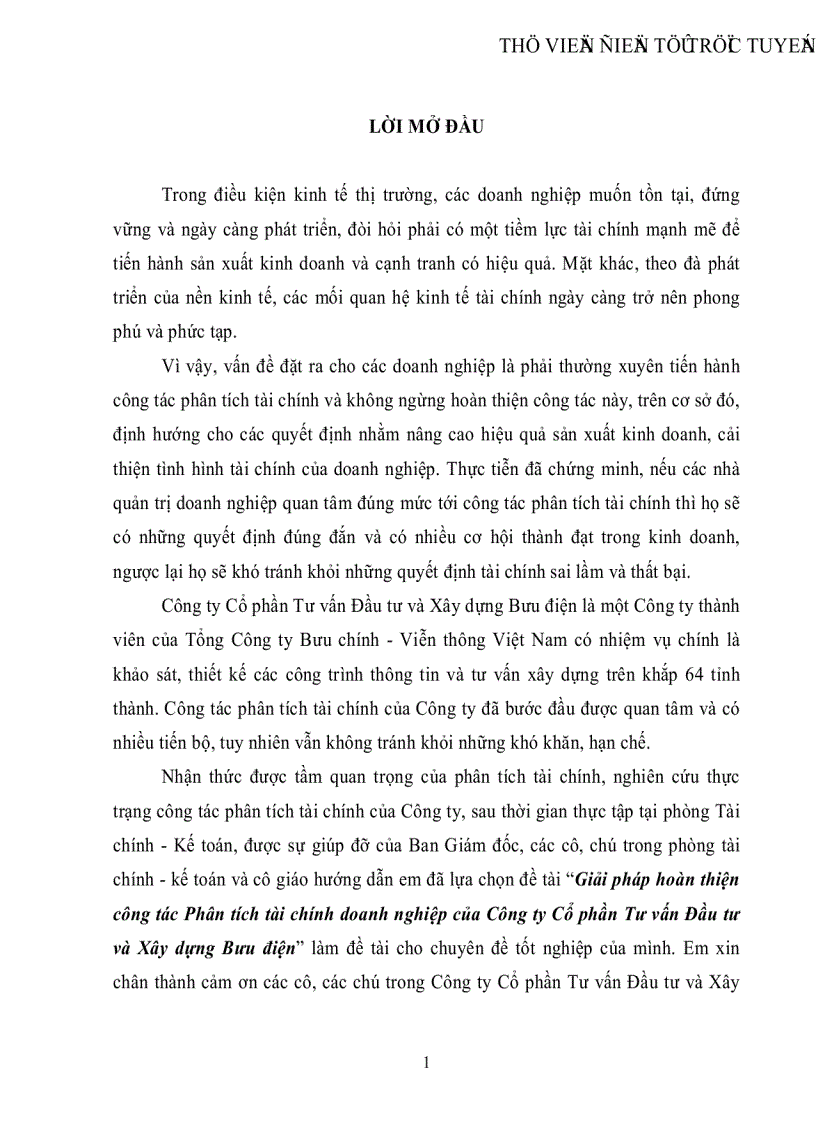 Giải pháp hoàn thiện công tác Phân tích tài chính doanh nghiệp của Công ty Cổ phần Tư vấn Đầu tư và Xây dựng Bưu điện