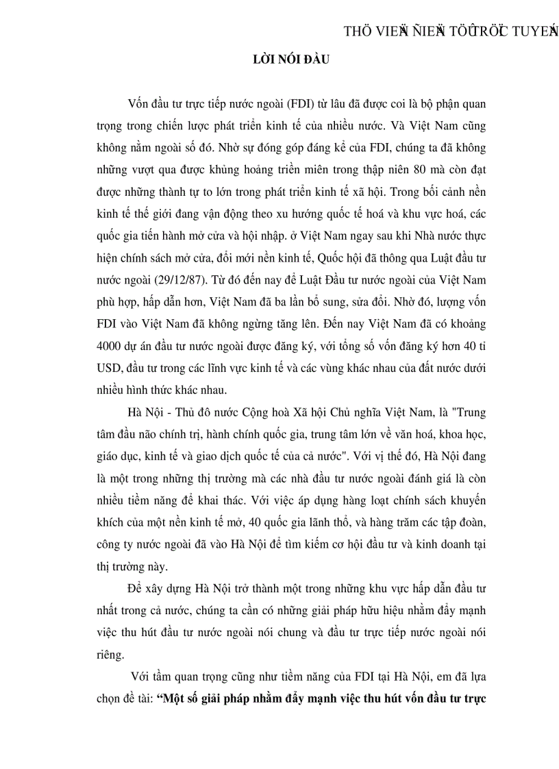 Một số giải pháp nhằm đẩy mạnh việc thu hút vốn đầu tư trực tiếp nước ngoài vào Hà Nội trong thời gian tới