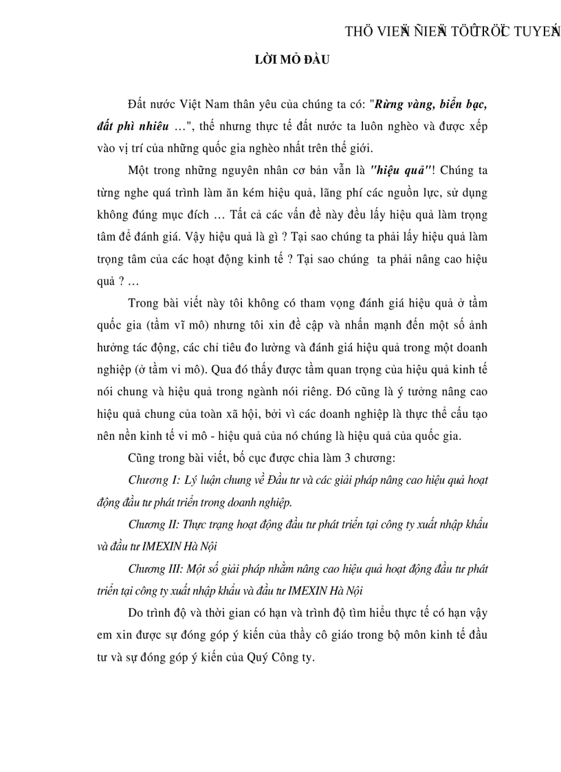Thực trạng và một số giải pháp nhằm nâng cao hiệu quả hoạt động đầu tư phát triển tại công ty xuất nhập khẩu và đầu tư IMEXIN Hà Nội