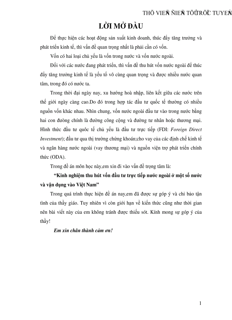 Kinh nghiệm thu hút vốn đầu tư trực tiếp nước ngoài ở một số nước và vận dụng vào Việt Nam