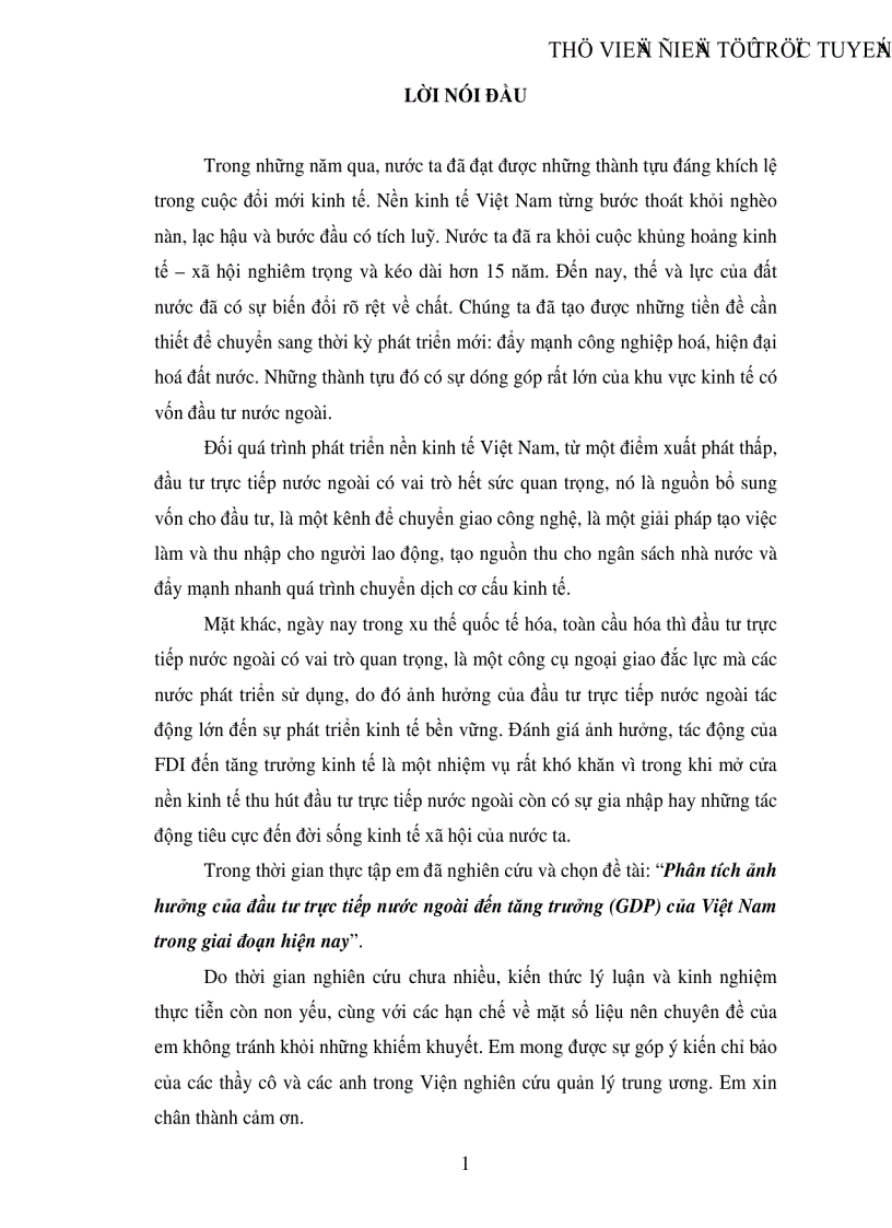 Phân tích ảnh hưởng của đầu tư trực tiếp nước ngoài đến tăng trưởng GDP của Việt Nam trong giai đoạn hiện nay