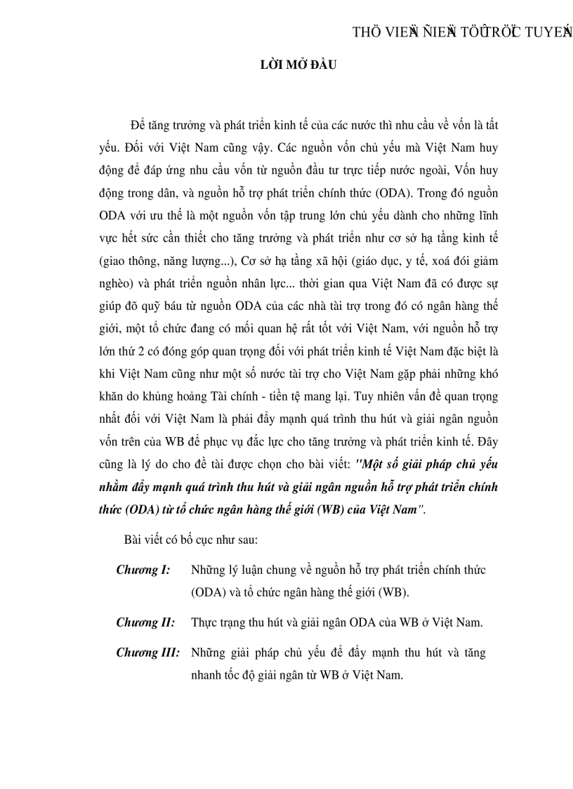 Một số giải pháp chủ yếu nhằm đẩy mạnh quá trình thu hút và giải ngân nguồn hỗ trợ phát triển chính thức ODA từ tổ chức ngân hàng thế giới WB của Việt Nam