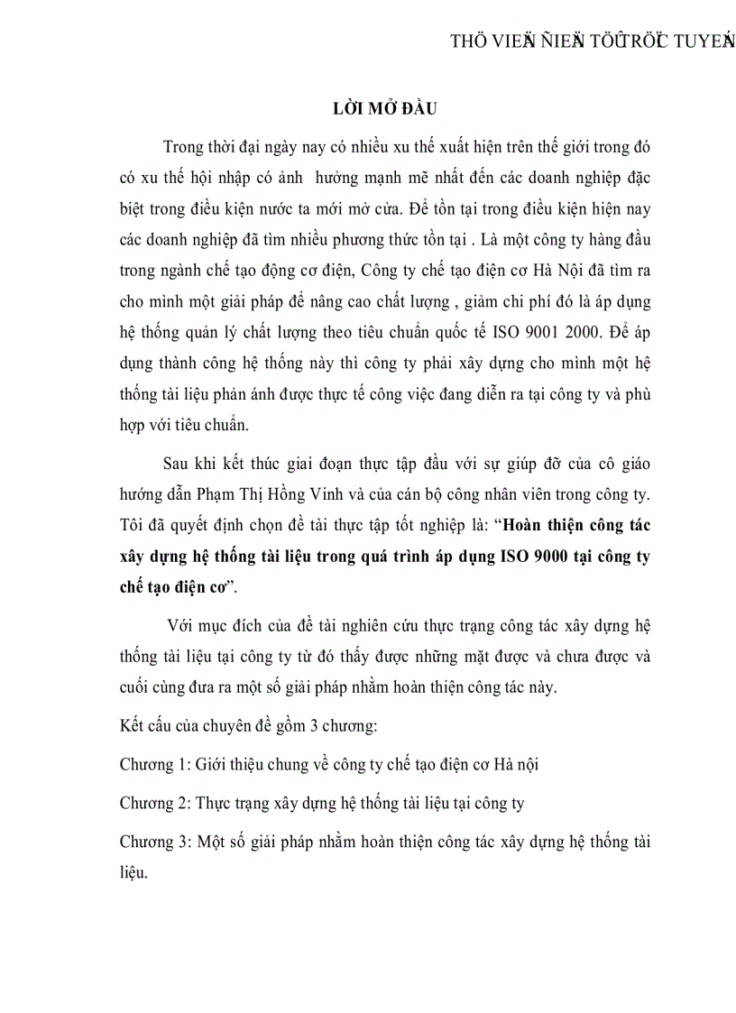 Hoàn thiện công tác xây dựng hệ thống tài liệu trong quá trình áp dụng ISO 9000 tại công ty chế tạo điện cơ