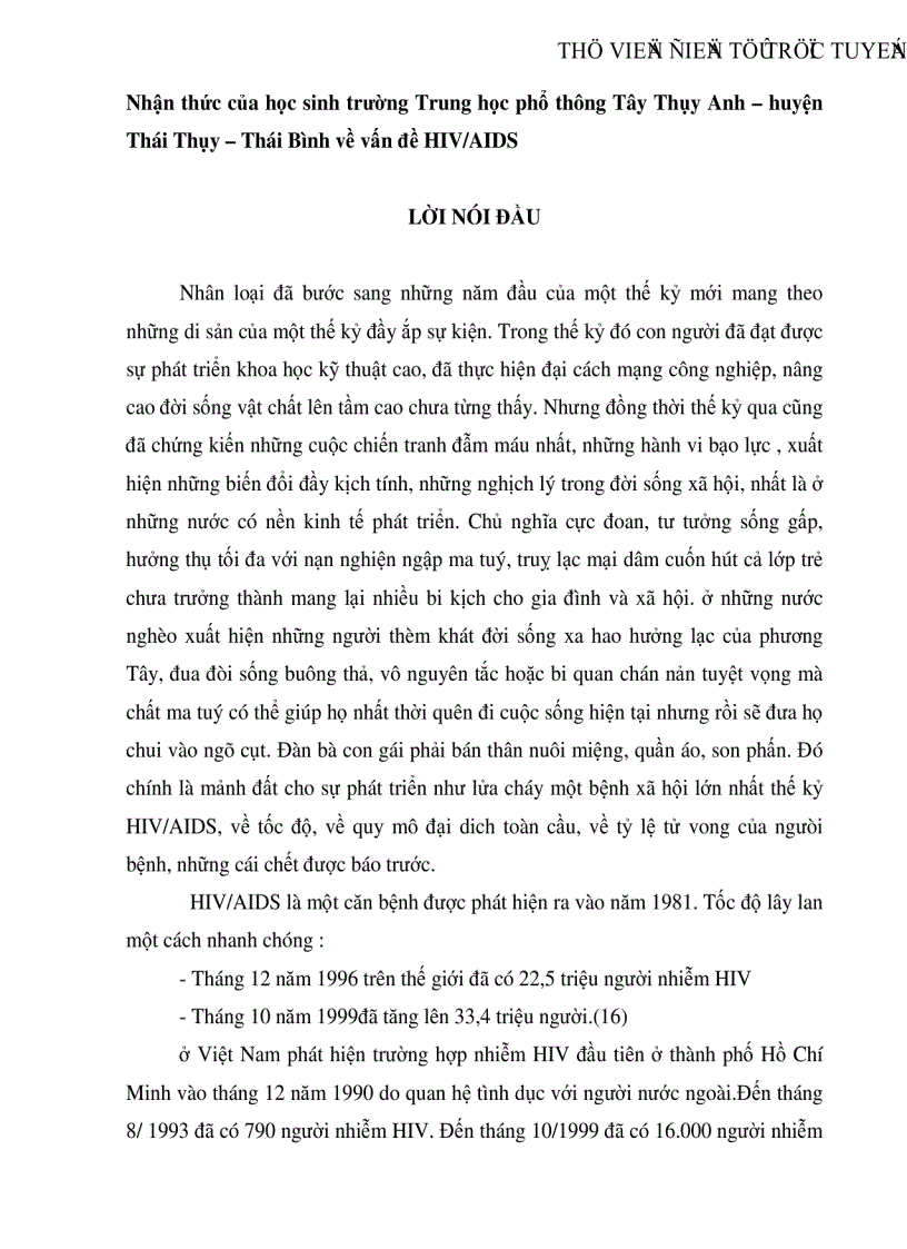 Nhận thức của học sinh trường Trung học phổ thông Tây Thụy Anh huyện Thái Thụy Thái Bình về vấn đề HIV AIDS