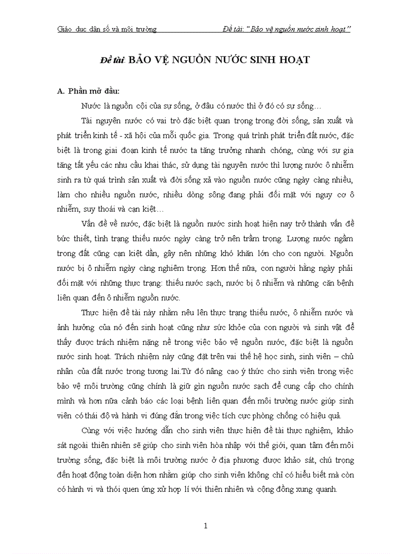 Đề tài chương trình giáo dục dân số môi trường giành cho sinh viên Bảo vệ nguồn nước sinh hoạt