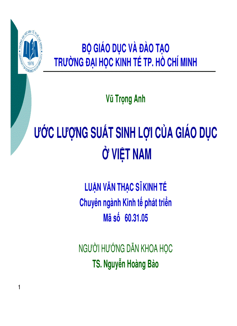 Ước Lượng Suất SInh Lời Của Giáo Dục Ở Việt Nam