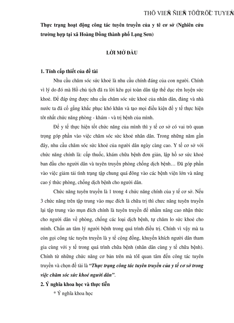Thực trạng hoạt động công tác tuyên truyền của y tê cơ sở Nghiên cứu trường hợp tại xã Hoàng Đồng thành phố Lạng Sơn
