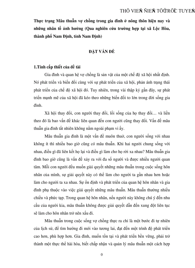 Thực trạng Mâu thuẫn vợ chồng trong gia đình ở nông thôn hiện nay và những nhân tố ảnh hưởng Qua nghiên cứu trường hợp tại xã Lộc Hòa thành phố Nam Định tỉnh Nam Định