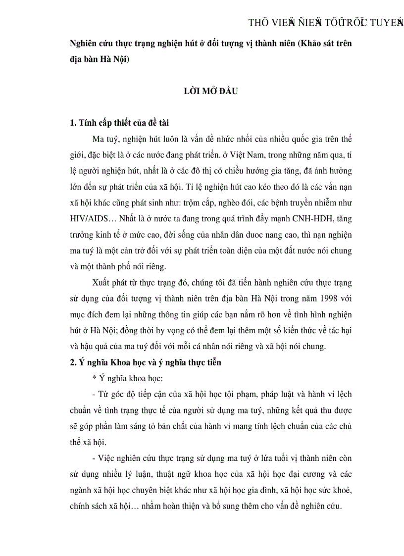 Nghiên cứu thực trạng nghiện hút ở đối tượng vị thành niên Khảo sát trên địa bàn Hà Nội
