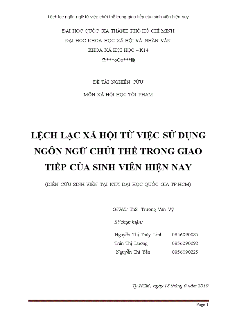 Lệch lạc xã hội từ việc sử dụng ngôn ngữ chửi thề trong giao tiếp của sinh viên hiện nay