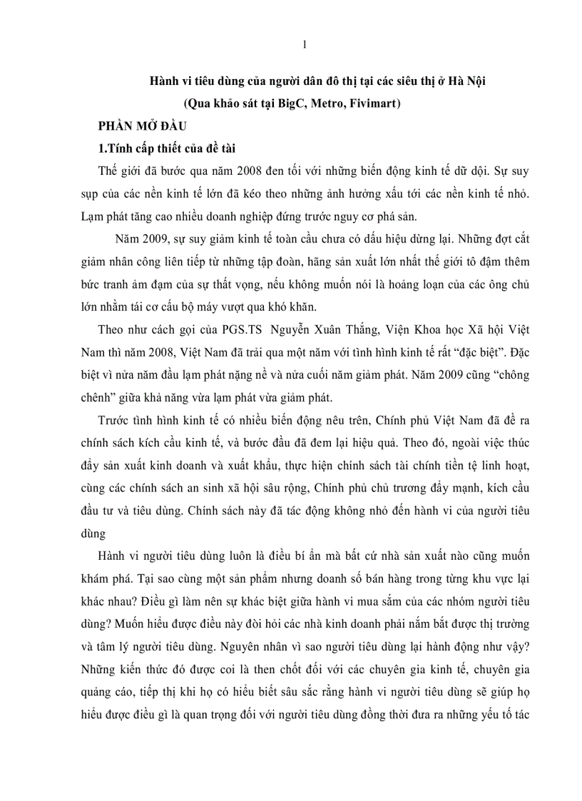 Hành vi tiêu dùng của người dân đô thị tại các siêu thị ở Hà Nội Qua khảo sát tại BigC Metro Fivimart