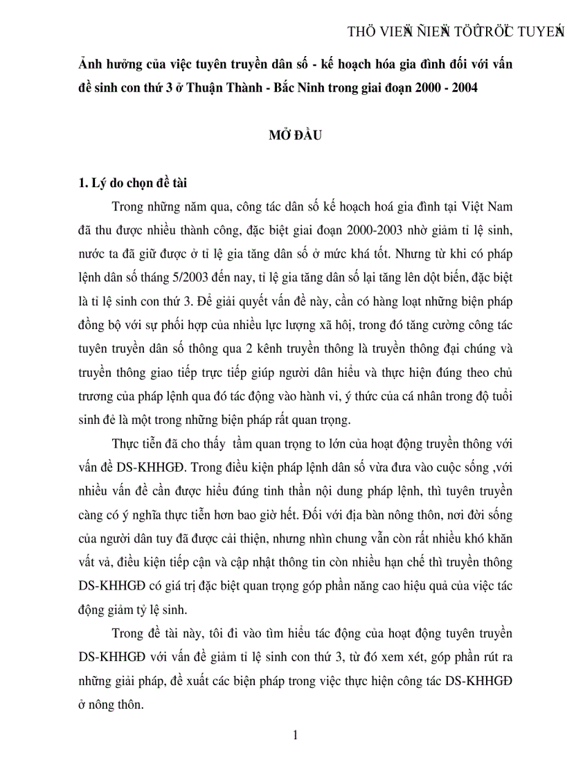 Ảnh hưởng của việc tuyên truyền dân số kế hoạch hóa gia đình đối với vấn đề sinh con thứ 3 ở Thuận Thành Bắc Ninh trong giai đoạn 2000 2004