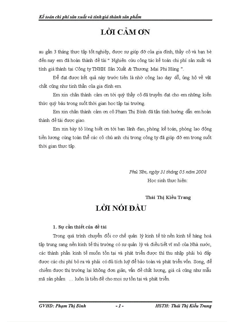 Nghiên cứu công tác kế toán chi phí sản xuất và tính giá thành tại Công ty TNHH Sản Xuất Thương Mại Phi Hùng