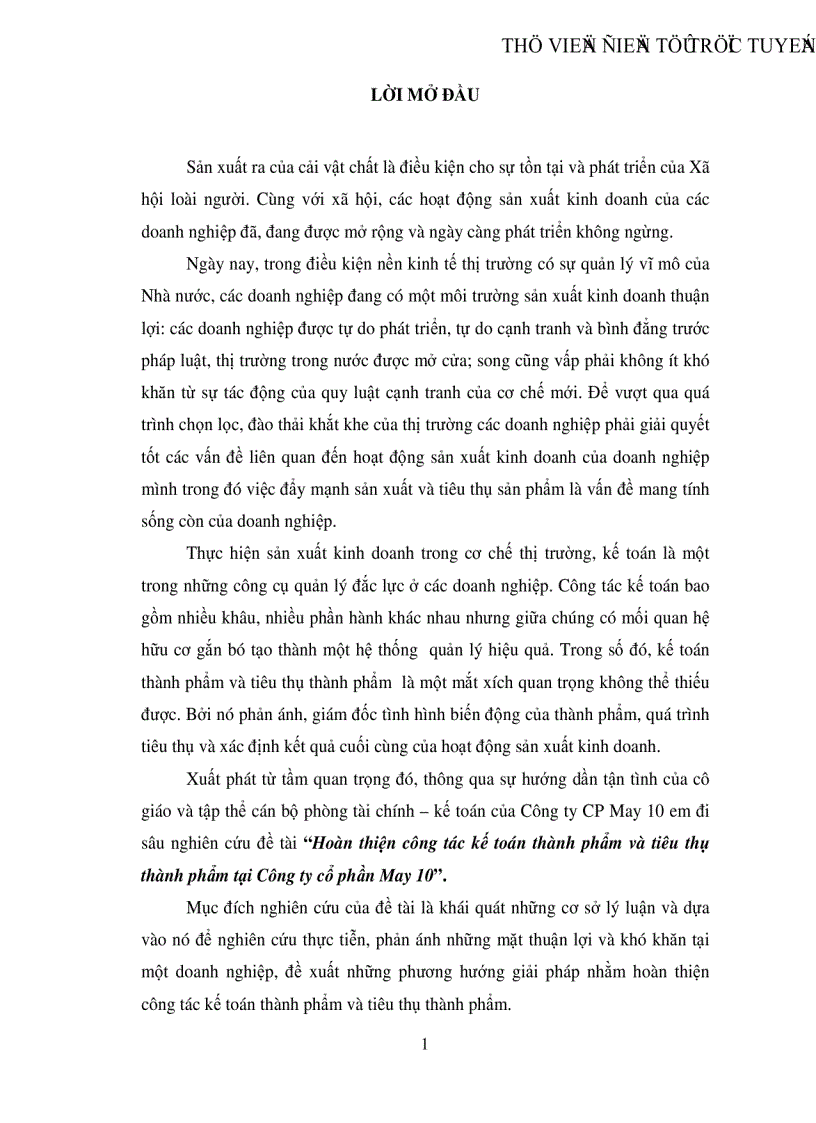 Hoàn thiện công tác kế toán thành phẩm và tiêu thụ thành phẩm tại Công ty cổ phần May 10