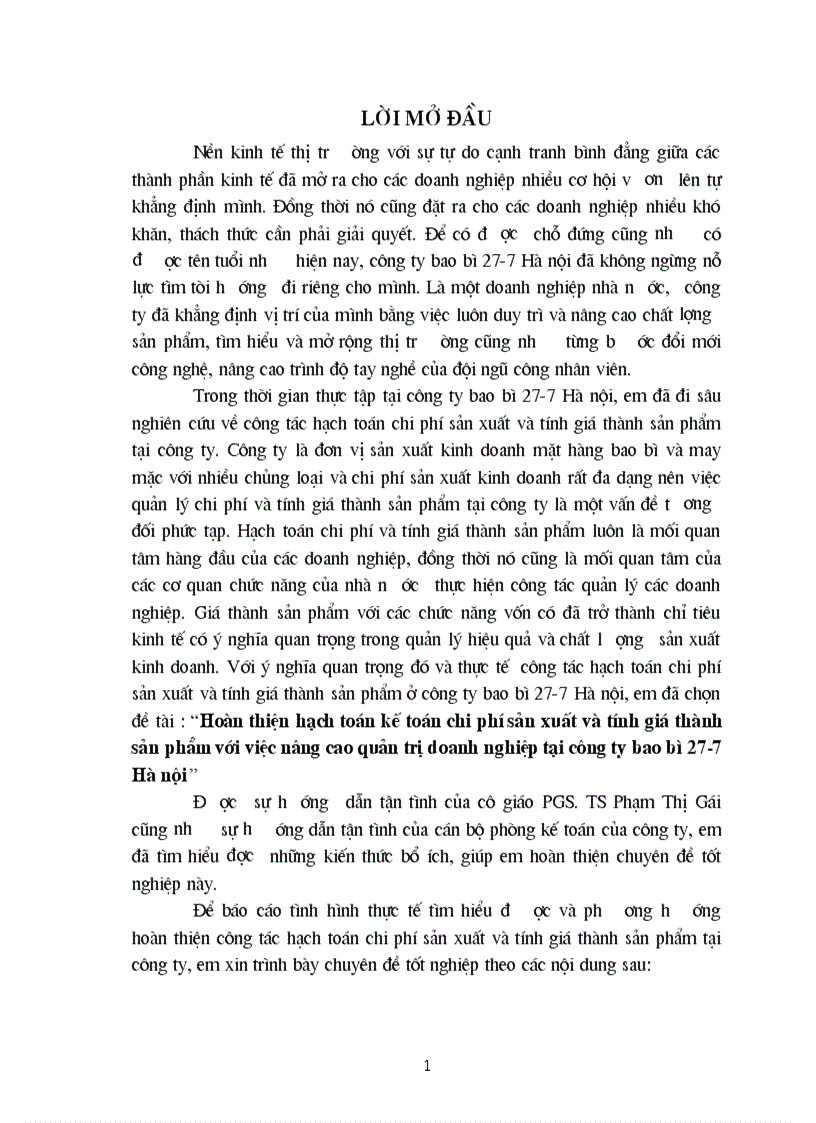Hoàn thiện hạch toán kế toán chi phí sản xuất và tính giá thành sản phẩm với việc nâng cao quản trị Doanh nghiệp tại Công ty bao bì 27 7 Hà nội