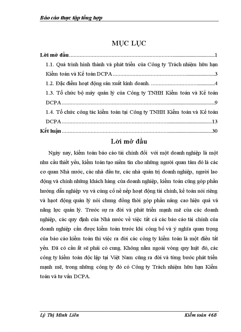 Báo cáo tổng hợp tại Công ty TNHH Kiểm toán và Kế toán DCPA
