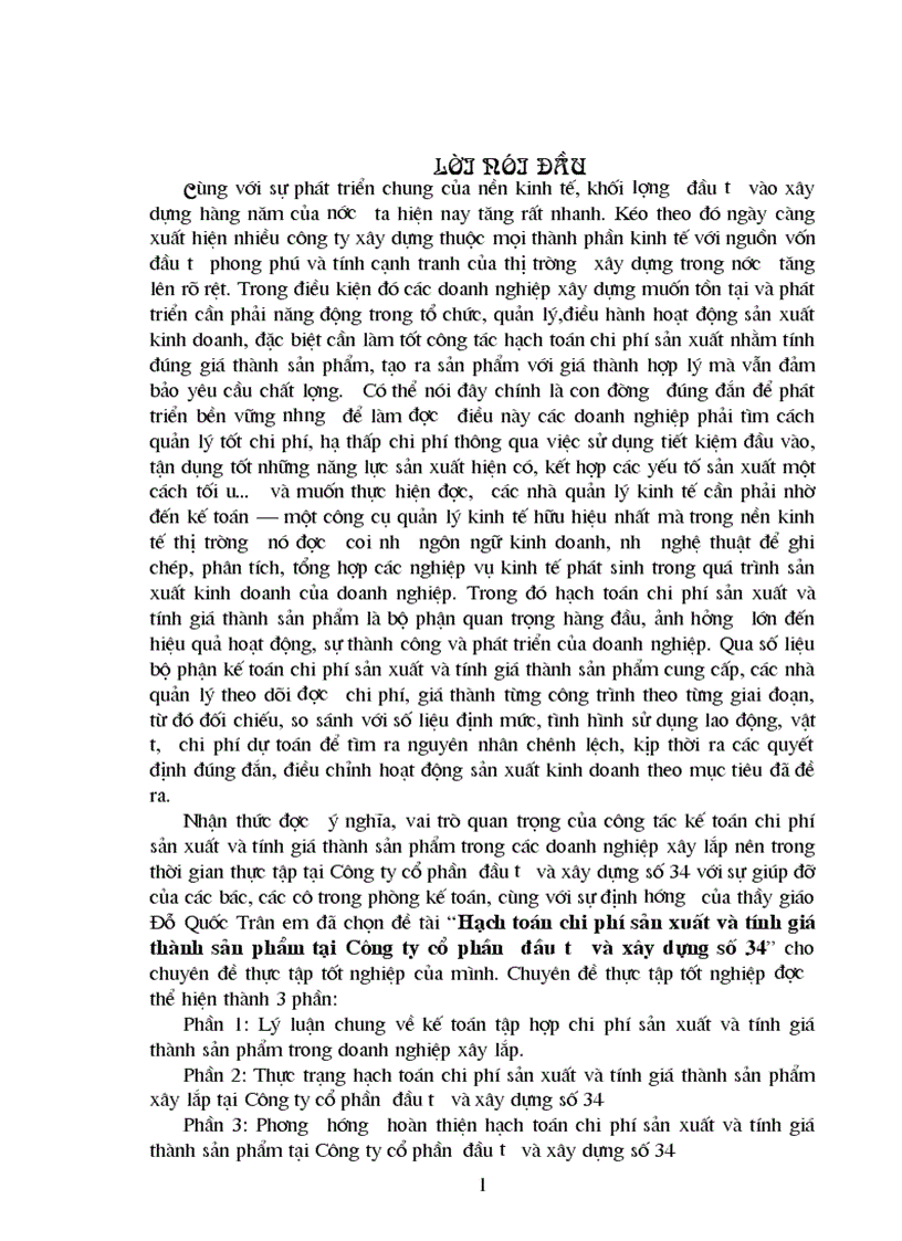 Hạch toán chi phí sản xuất và tính giá thành sản phẩm tại Công ty CP đầu tư và xây dựng số 34
