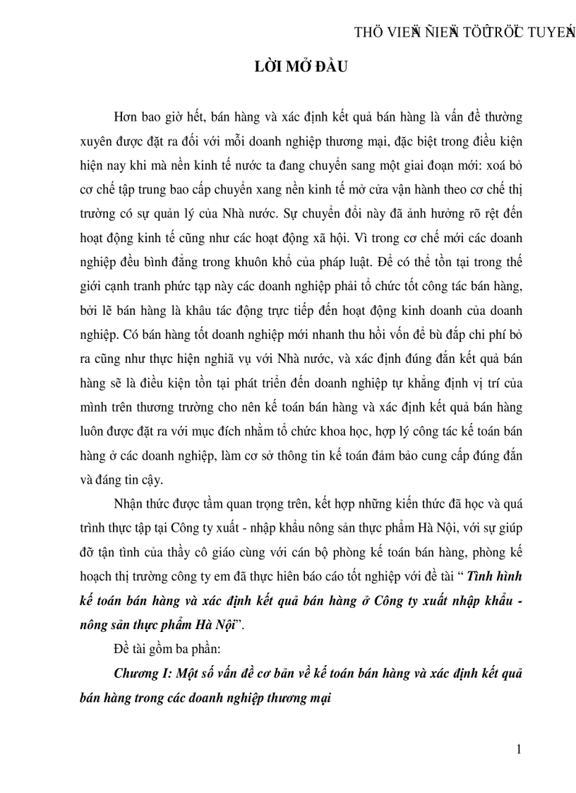 Tình hình kế toán bán hàng và xác định kết quả bán hàng ở Công ty xuất nhập khẩu nông sản thực phẩm Hà Nội