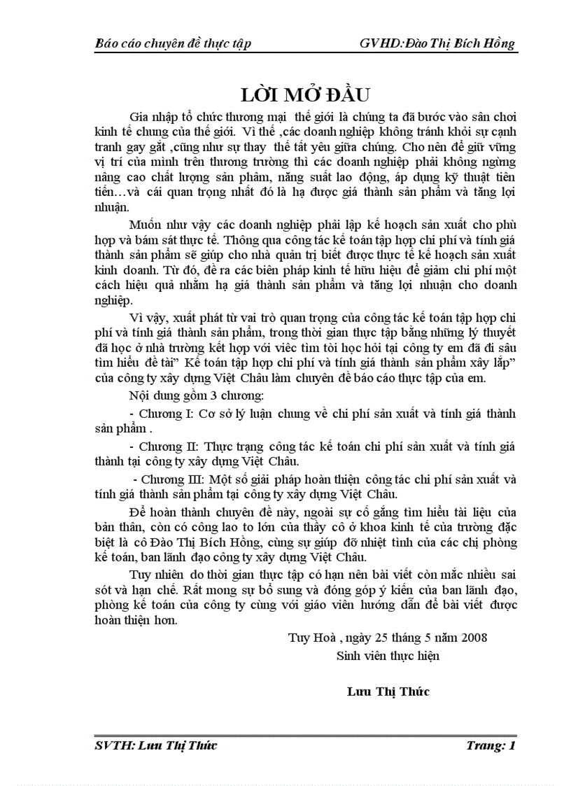 Thực trạng công tác kế toán chi phí sản xuất và tính giá thành tại công ty xây dựng Việt Châu