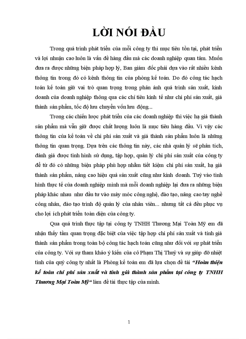 Hoàn thiện kế toán chi phí sản xuất và tính giá thành sản phẩm tại Công ty TNHH Thương Mại Toàn Mỹ
