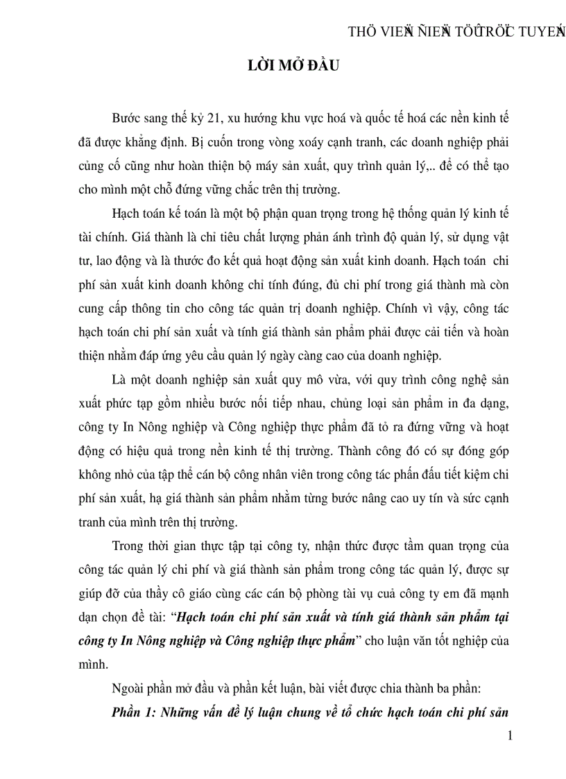Hạch toán chi phí sản xuất và tính giá thành sản phẩm tại công ty In Nông nghiệp và Công nghiệp thực phẩm
