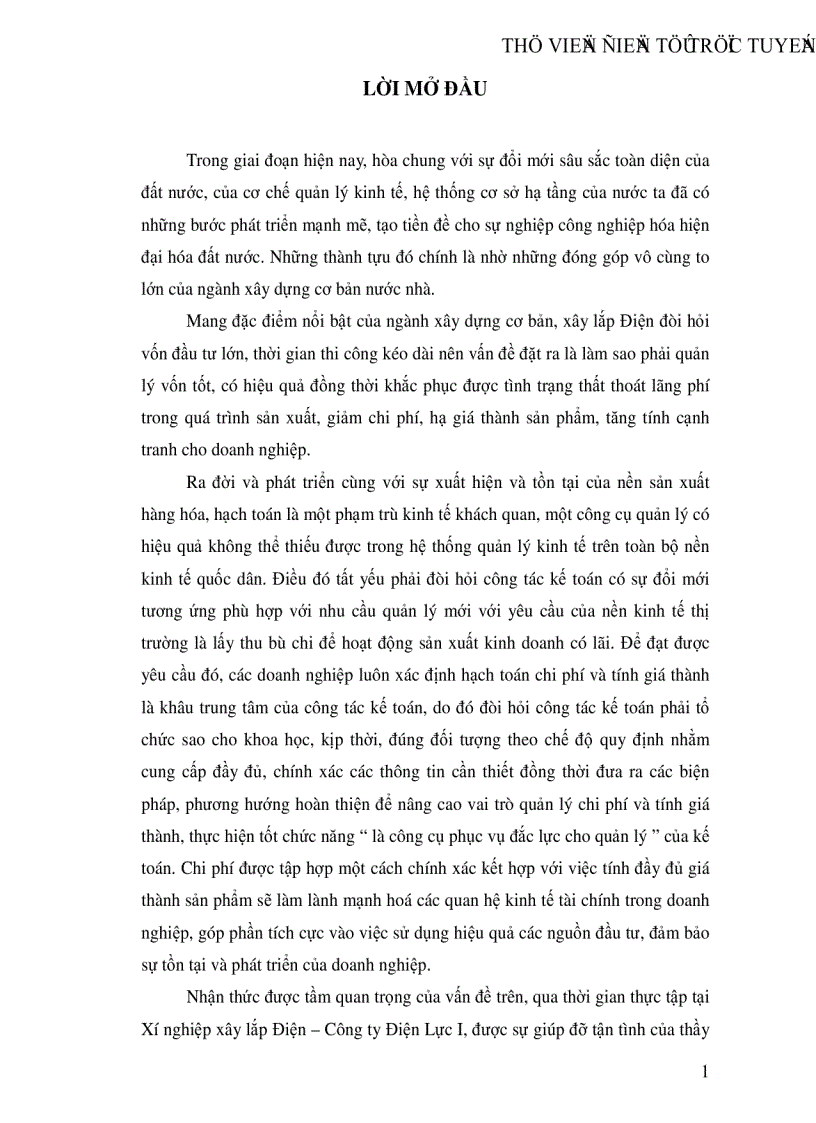 Hoàn thiện kế toán chi phí sản xuất và tính giá thành sản phẩm xây lắp với việc tăng cường hiệu quả quản trị chi phí tại xí nghiệp xây lắp Điện Công Ty Điện Lực I