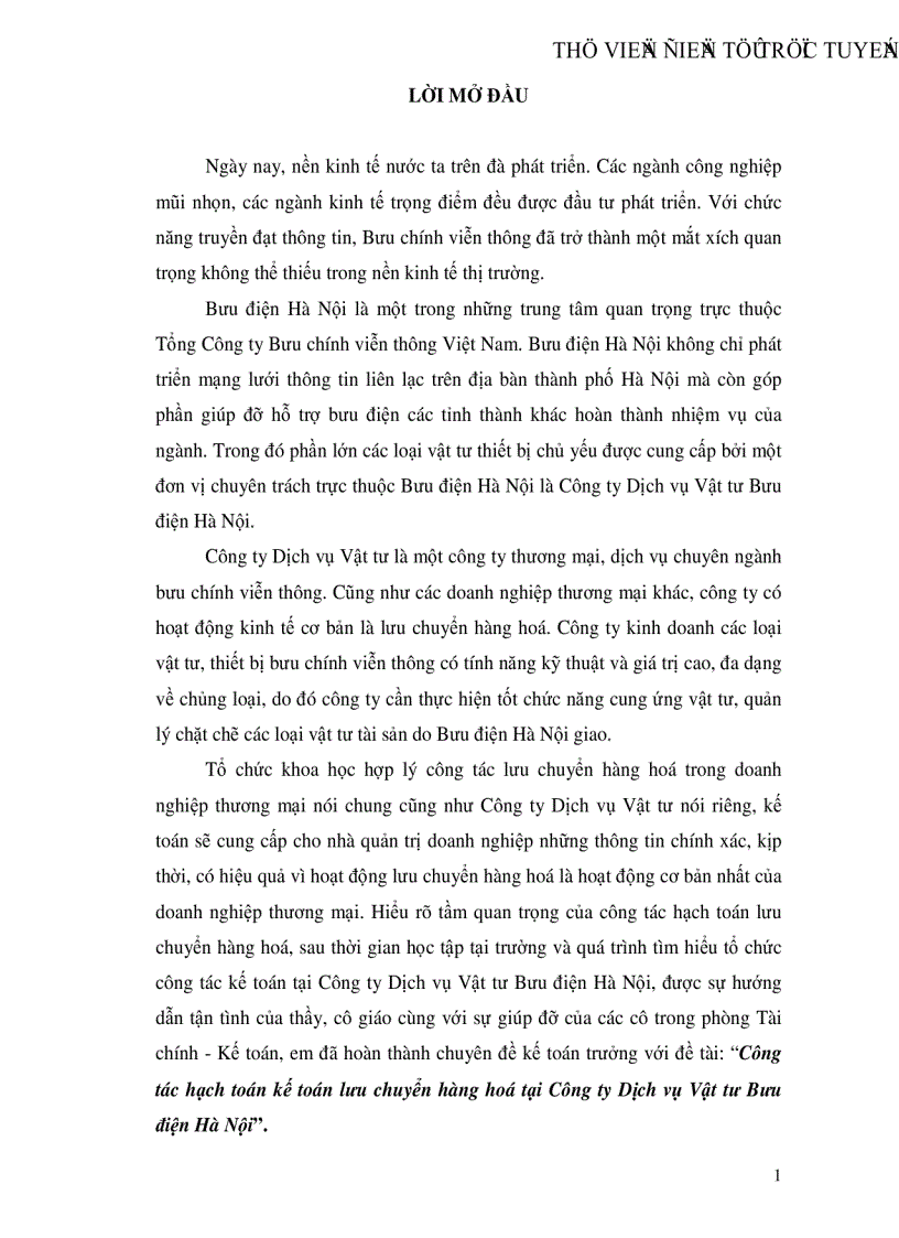 Công tác hạch toán kế toán lưu chuyển hàng hoá tại Công ty Dịch vụ Vật tư Bưu điện Hà Nội