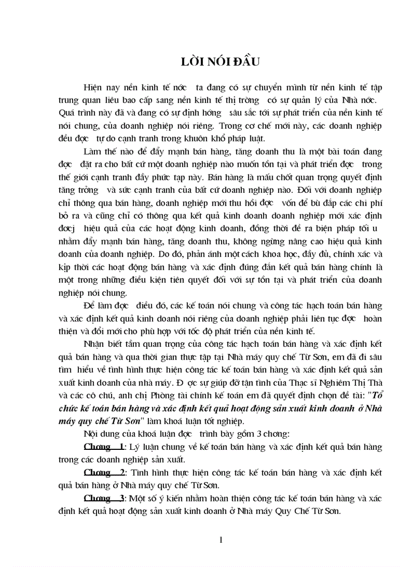 Tổ chức kế toán bán hàng và xác định kết quả hoạt động sản xuất kinh doanh ở Nhà máy quy chế Từ Sơn