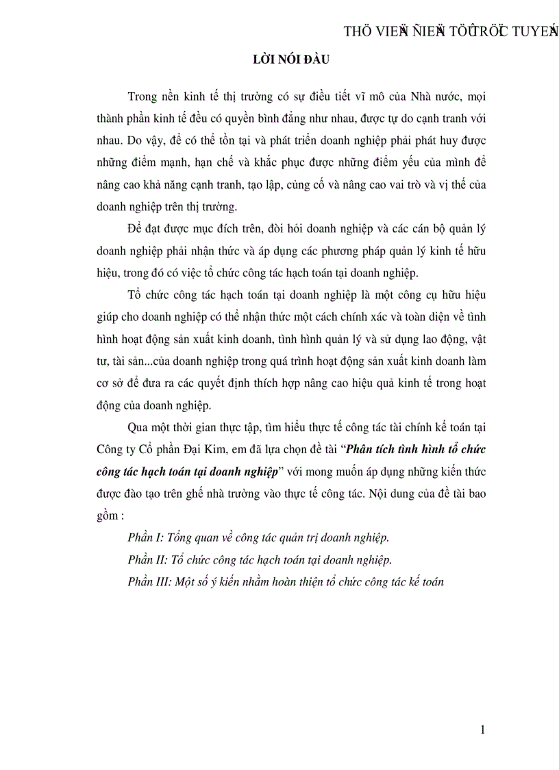 Phân tích tình hình tổ chức công tác hạch toán tại doanh nghiệp tại Công ty Cổ phần Đại Kim