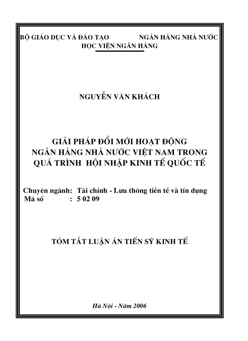 Giải pháp đổi mới hoạt động Ngân hàng nhà nước Việt Nam trong quá trình hội nhập kinh tế quốc tế