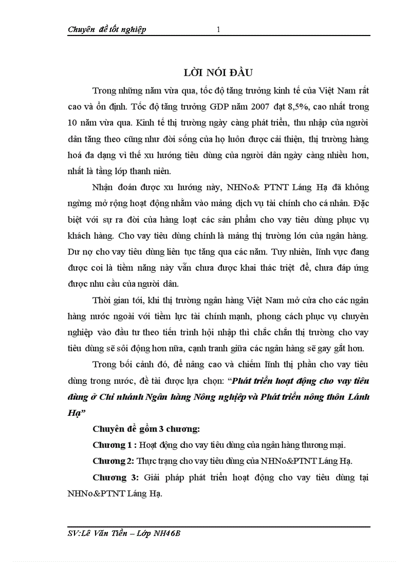 Phát triển hoạt động cho vay tiêu dùng ở Chi nhánh Ngân hàng Nông nghịêp và Phát triển nông thôn Lánh Hạ