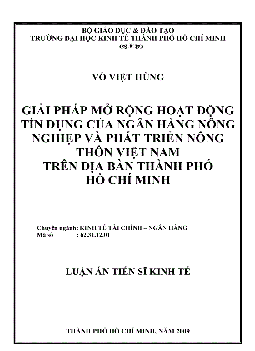 Giải pháp mở rộng hoạt động tín dụng của ngân hàng Nông nghiệp và phát triển nông thôn Việt Nam trên địa bàn thành phố Hồ Chí Minh