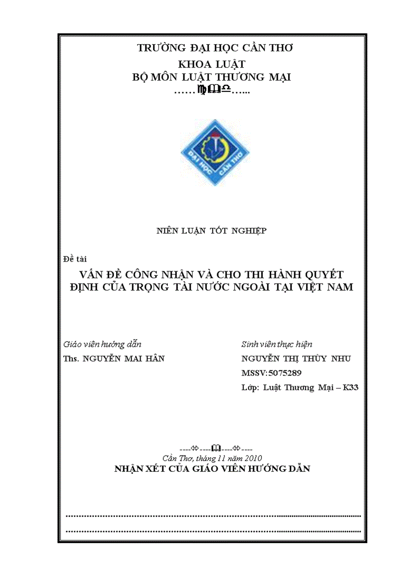 Vấn đề công nhận và cho thi hành quyết định của trọng tài nước ngoài tại việt nam