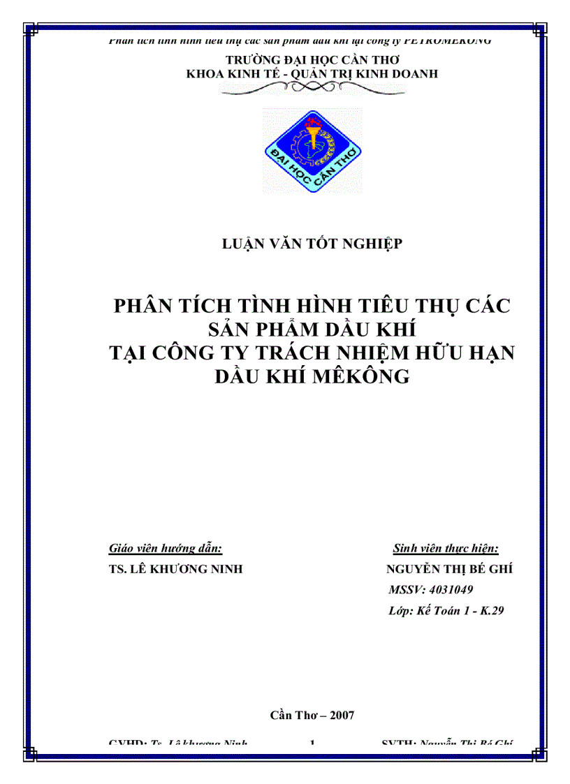 Phân tích tình hình tiêu thụ các sản phẩm dầu khí Tại công ty trách nhiệm hữu hạn dầu khí mêkông