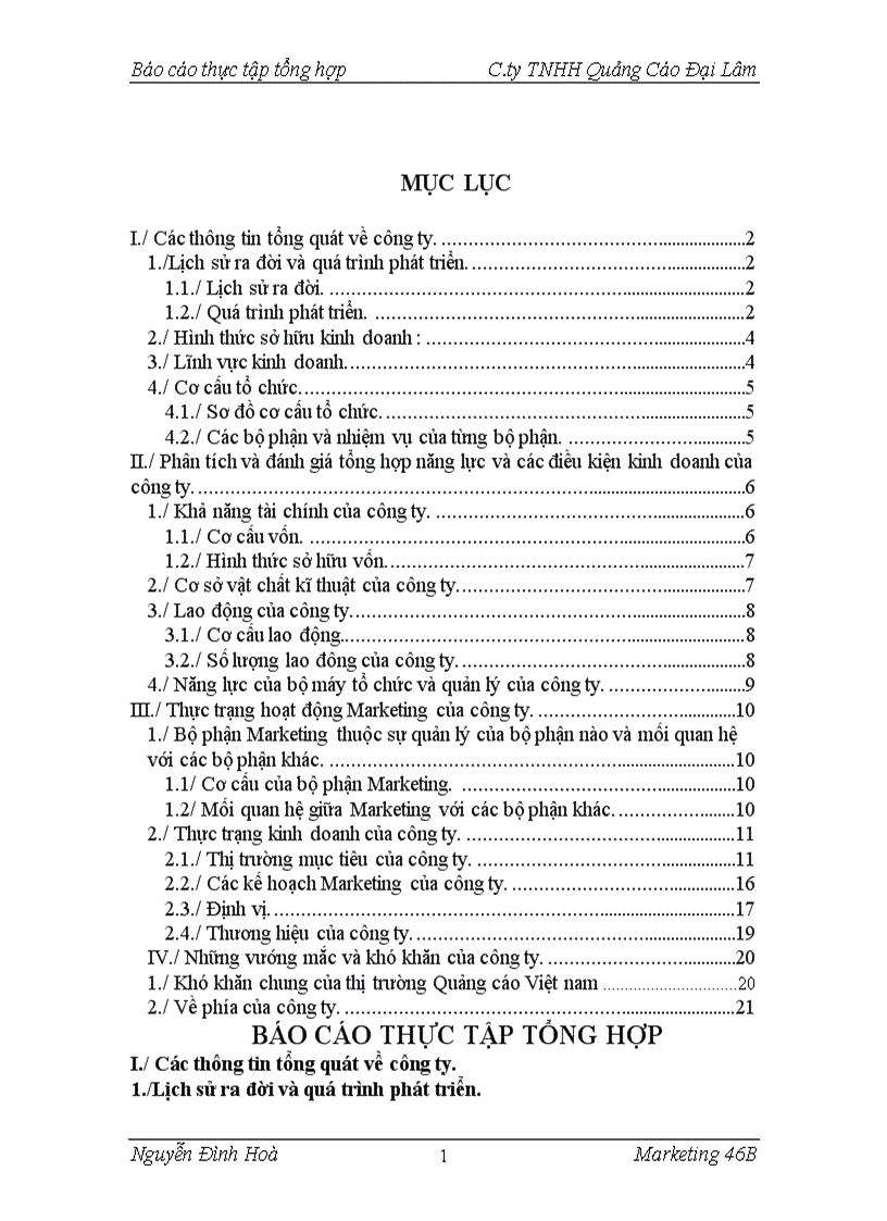 Báo cáo tổng hợp tại Công ty TNHH Quảng Cáo Đại Lâm lt trọn bộ gt