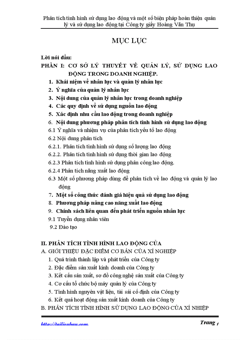 Phân tích tình hình sử dụng lao động và một số biện pháp hoàn thiện quản lý và sử dụng lao động tại Công ty giấy Hoàng Văn Thụ