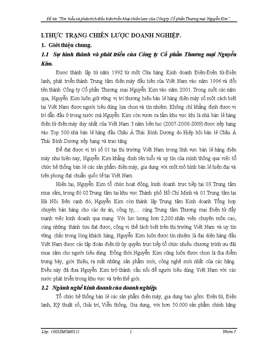 Đề tài Tìm hiểu và phân tích điều kiện triển khai chiến lược của Công ty Cổ phần Thương mại Nguyễn Kim