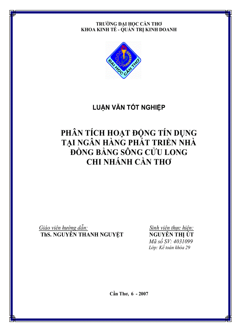 Phân tích hoạt động tín dụng tại Ngân hàng phát triển nhà ĐBSCL chi nhánh tại TP Cần Thơ