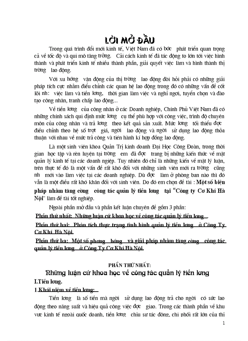 Một số biện pháp nhằm tăng cường công tác quản lý tiền lương tại Công ty Cơ Khí Hà Nội làm đề tài tốt nghiệp