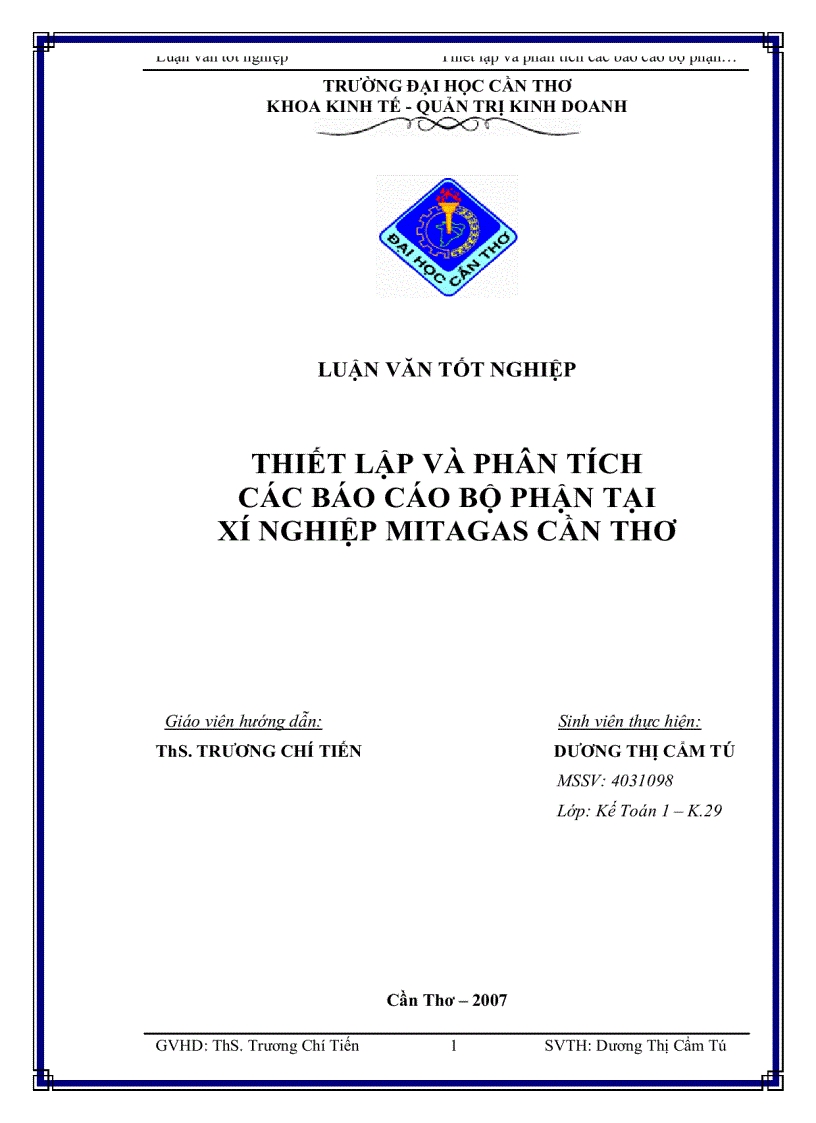 Thiết lập và phân tích các báo cáo bộ phận tại Xí nghiệp MITAGAS Cần Thơ