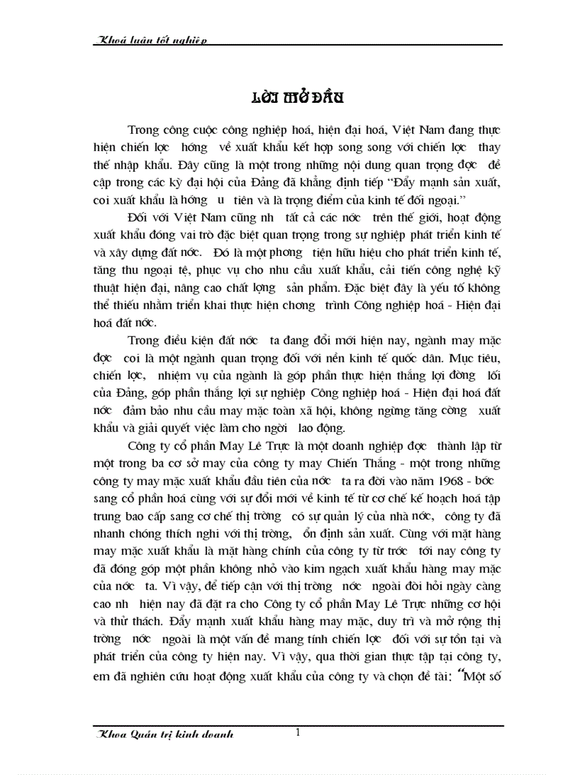 Một số giải pháp nhằm thúc đẩy hoạt động xuất khẩu hàng may mặc tại Công ty cổ phần May Lê Trực làm Khoá luận tốt nghiệp của mình