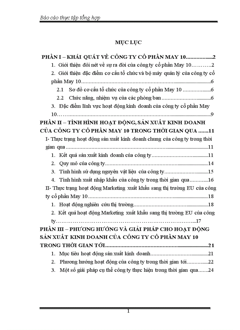 Báo cáo thực tập tổng hợp tại Công ty CP May 10 Việt Nam