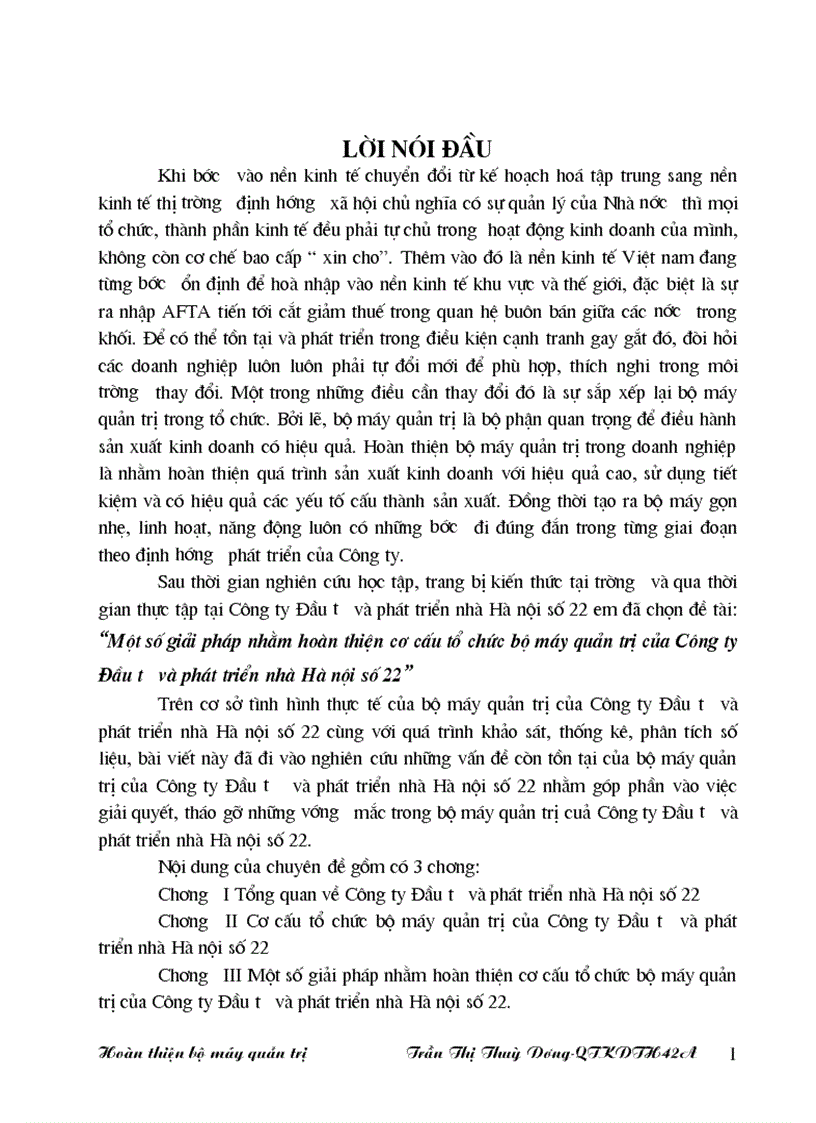 Một số giải pháp nhằm hoàn thiện cơ cấu tổ chức bộ máy quản trị của Công ty Đầu tư và phát triển nhà Hà nội số 22
