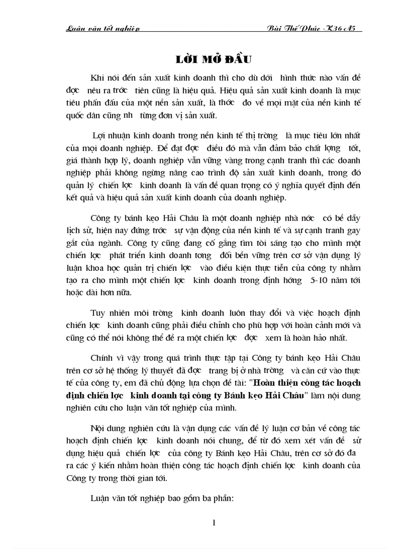 Hoàn thiện công tác hoạch định chiến lược kinh doanh tại công ty Bánh kẹo Hải Châu làm nội dung nghiên cứu cho luận văn tốt nghiệp của mình