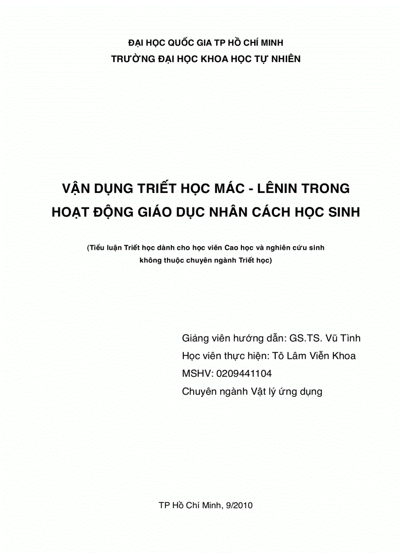 Vận dụng triết học mác lênin trong hoạt động giáo dục nhân cách học sinh