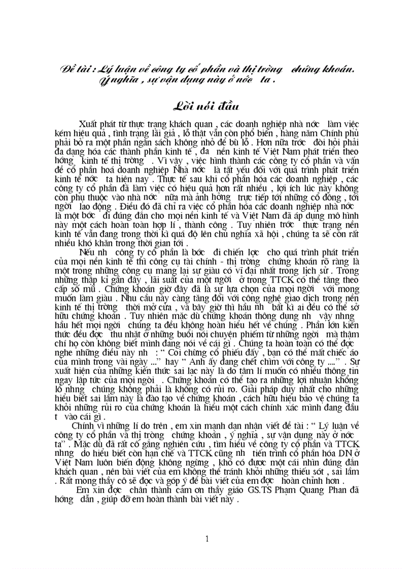 Lý luận về công ty cổ phần và thị trường chứng khoán Ý nghĩa sự vận dụng này ở nước ta
