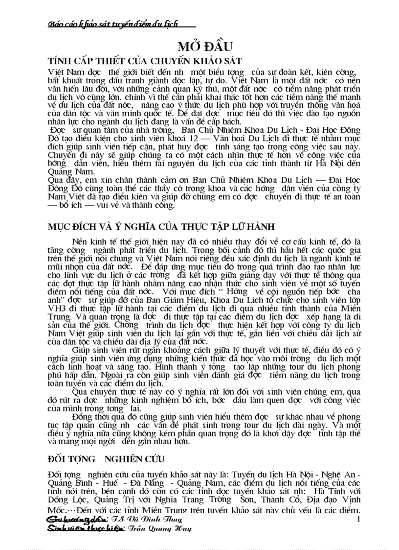 Luận văn báo cáo khảo sát tuyến điểm du lịch Hà Nội Nghệ An Quảng Bình Huế Đà Nẵng Quảng Nam