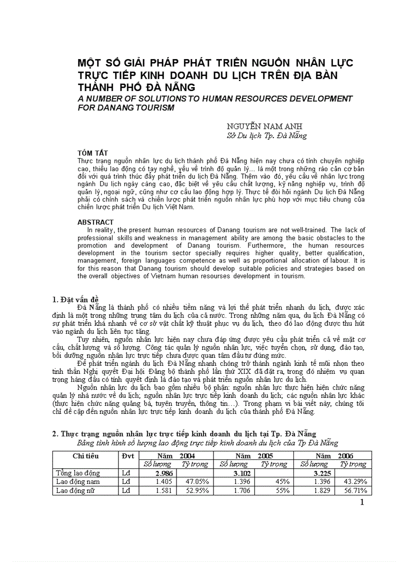 Một số giải pháp phát triển nguồn nhân lực trực tiếp kinh doanh du lịch trên địa bàn thành phố đà nẵng